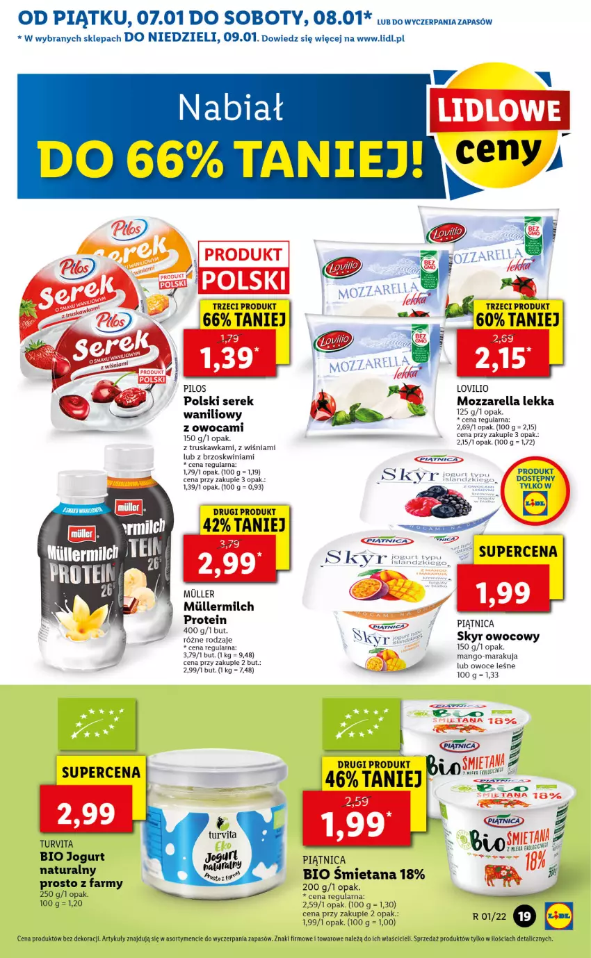 Gazetka promocyjna Lidl - GAZETKA - ważna 07.01 do 09.01.2022 - strona 19 - produkty: Fa, Jogurt, Jogurt naturalny, Lovi, Mango, Mozzarella, Owoce, Piątnica, Pilos, Ser, Serek