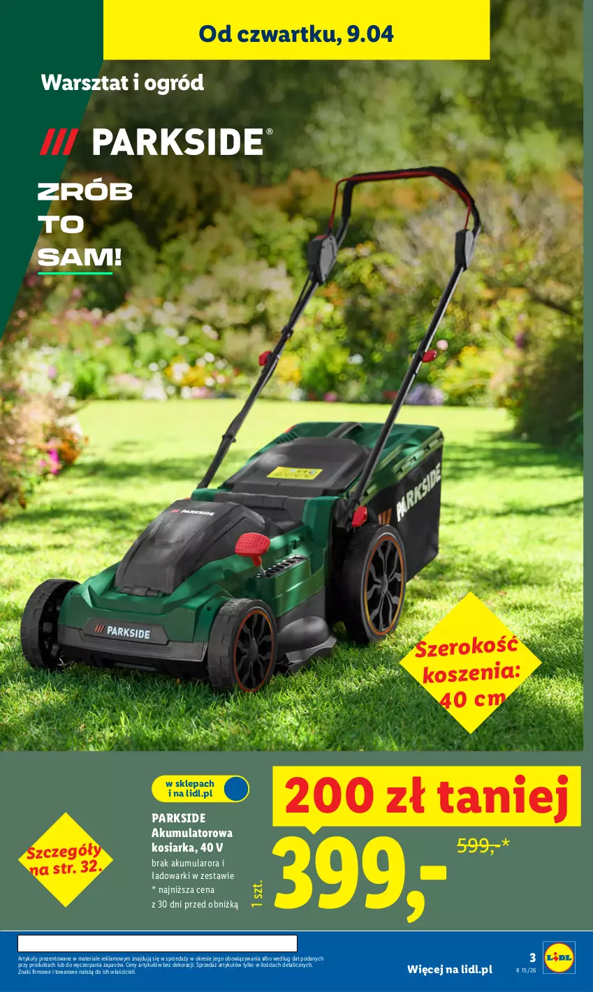 Gazetka promocyjna Lidl - Katalog ważny od 7.04 - ważna 07.04 do 11.04.2026 - strona 3 - produkty: Akumulator, Kosiarka, Kosz, Ogród, Parkside