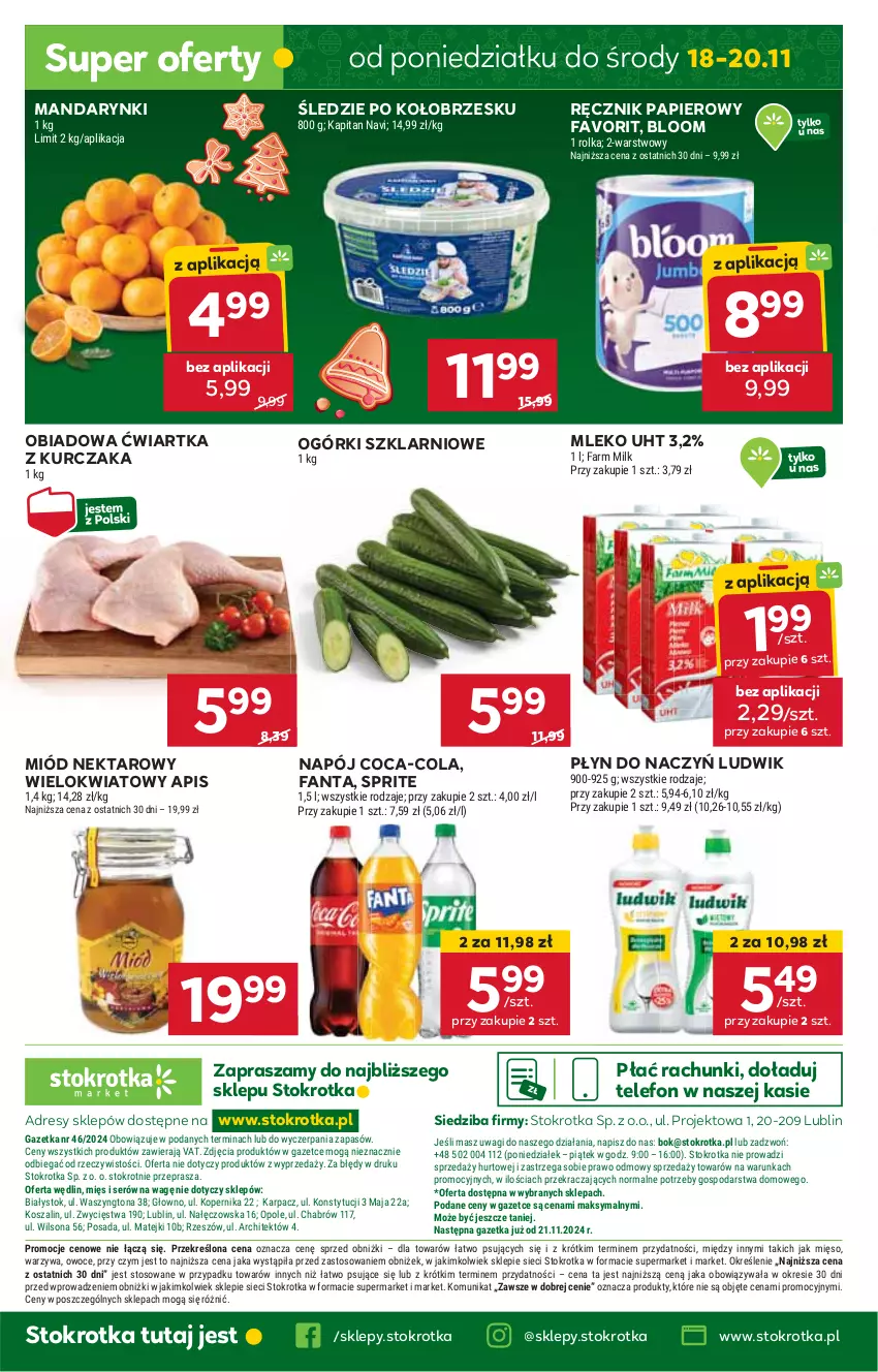 Gazetka promocyjna Stokrotka - Market - ważna 14.11 do 20.11.2024 - strona 20 - produkty: Coca-Cola, Dres, Fa, Fanta, HP, JBL, Kurczak, Ludwik, Mandarynki, Miód, Mleko, Napój, Nektar, Papier, Ręcznik, Sprite, Telefon