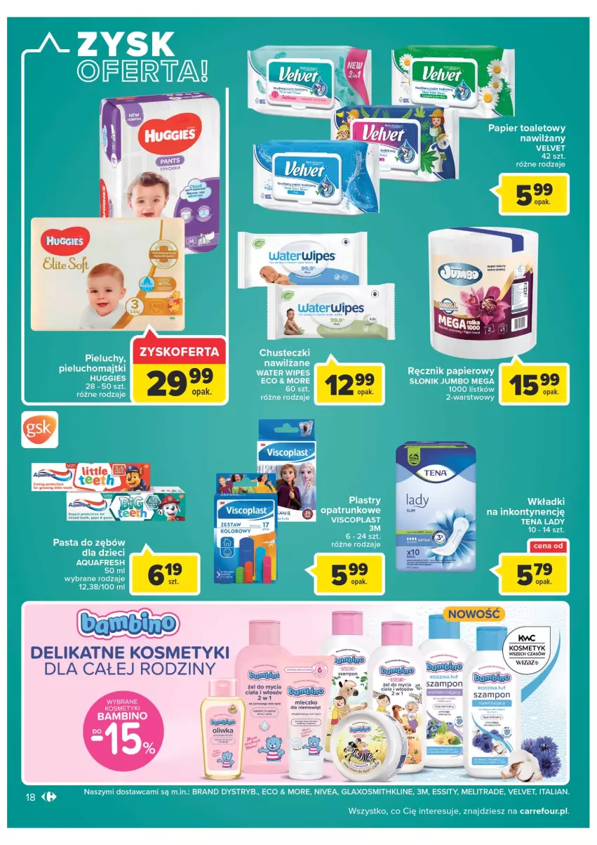 Gazetka promocyjna Carrefour - Gazetka Carrefour - ważna 28.06 do 02.07.2022 - strona 18 - produkty: Aquafresh, Chusteczki, Dzieci, Huggies, Majtki, Nivea, Papier, Papier toaletowy, Pasta do zębów, Pieluchomajtki, Velvet, Viscoplast, Wkładki