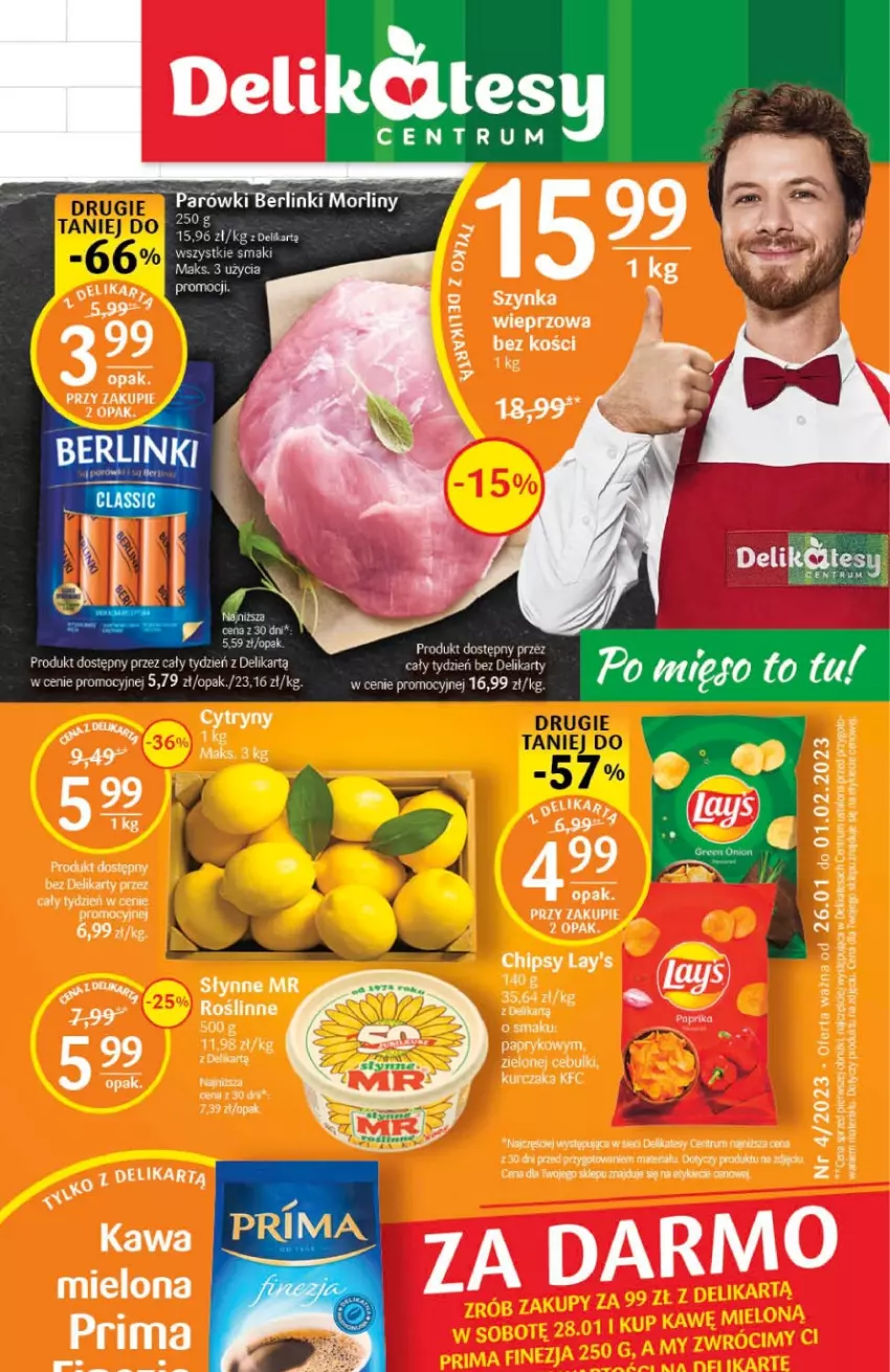 Gazetka promocyjna Delikatesy Centrum - Gazetka DC04 - ważna 26.01 do 01.02.2023 - strona 1 - produkty: Berlinki, Kawa, Kawa mielona, Kurczak, Morliny, Parówki, Prima, Rum, Szynka