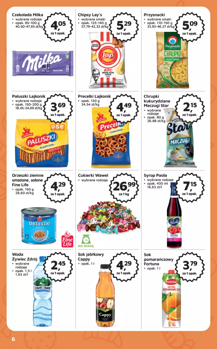 Gazetka promocyjna Odido - Gazetka - ważna 27.01 do 09.02.2023 - strona 6 - produkty: Cappy, Chipsy, Chrupki, Cukier, Cukierki, Czekolada, Fortuna, Lajkonik, Milka, Orzeszki, Orzeszki ziemne, Paola, Precelki, Przysnacki, Sok, Sok jabłkowy, Syrop, Wawel, Woda