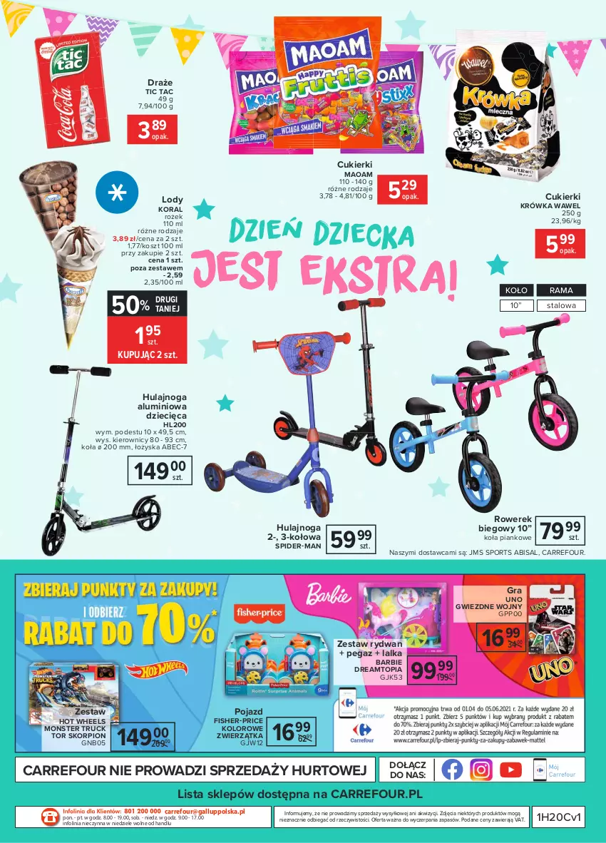 Gazetka promocyjna Carrefour - Gazetka Dzień Dziecka - ważna 17.05 do 01.06.2021 - strona 16 - produkty: Barbie, Cukier, Cukierki, Dzieci, Fisher-Price, Gra, Hot Wheels, Hulajnoga, Kosz, Lalka, Lody, Monster truck, O nas, Pojazd, Por, Rama, Rower, Rowerek, Sport, Top, Wawel