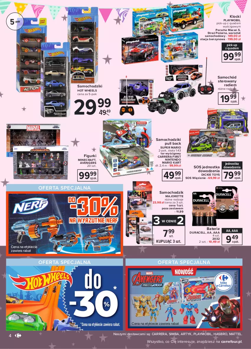 Gazetka promocyjna Carrefour - Gazetka Dzień Dziecka - ważna 17.05 do 01.06.2021 - strona 4 - produkty: Avengers, Carrera, Chodzik, Duracell, Hasbro, Hot Wheels, Klocki, Mattel, Minecraft, Mobil, Nerf, Playmobil, Por, Samochód, Samochód sterowany, Samochodziki, Sos, Straż pożarna, Tor wyścigowy