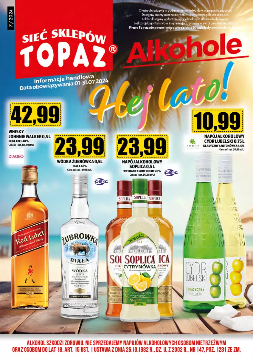 Gazetka promocyjna Topaz - Gazetka - ważna 01.07 do 31.07.2024 - strona 1 - produkty: Johnnie Walker, Napój, Soplica