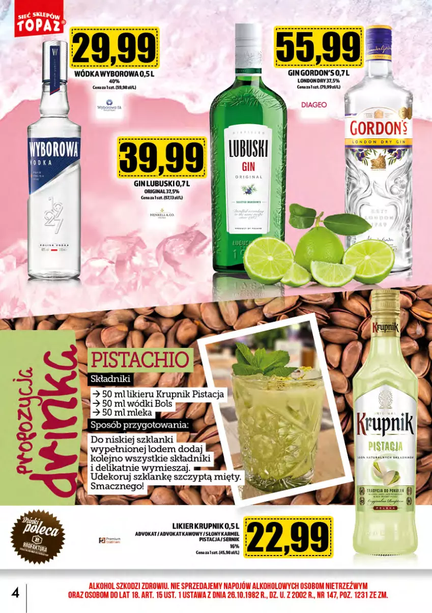 Gazetka promocyjna Topaz - Gazetka - ważna 01.07 do 31.07.2024 - strona 4 - produkty: Bols, Gin, Krupnik, Lanki, Likier, Olej, Ser, Top