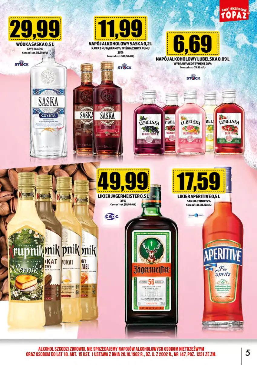 Gazetka promocyjna Topaz - Gazetka - ważna 01.07 do 31.07.2024 - strona 5 - produkty: Brandy, Kawa, Likier, Napój, Rum, Saska