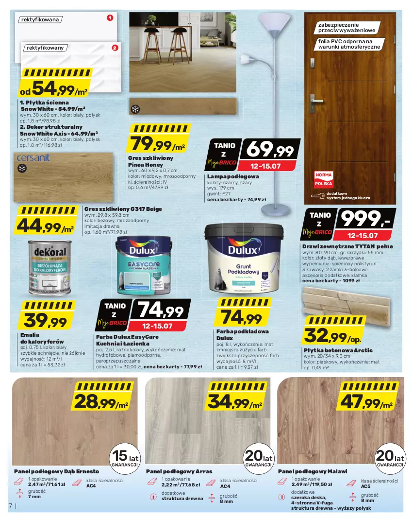 Gazetka promocyjna Bricomarche - Gazetka - ważna 12.07 do 22.07.2023 - strona 7 - produkty: Drzwi, Drzwi zewnętrzne, Dulux, Fa, Gres, Gres szkliwiony, Klamka, Kuchnia, Lampa, Lampa podłogowa, Panel podłogowy, Piec, Płytka, Podkład, Por, Tytan