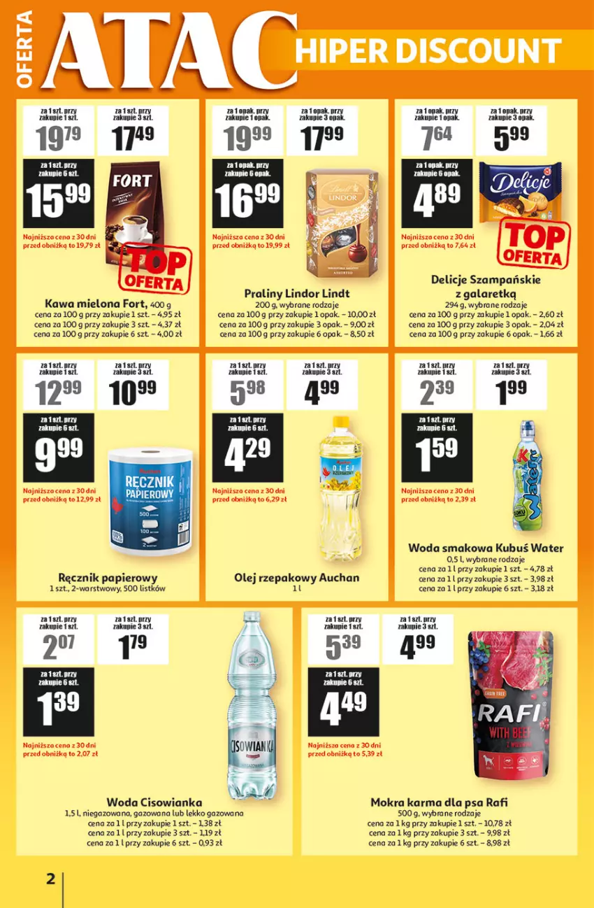 Gazetka promocyjna Auchan - Gazetka ATAC Hiper Discount - ważna 22.01 do 11.02.2026 - strona 2 - produkty: Cisowianka, Delicje, Gala, Kawa, Kawa mielona, Kubuś, Lindor, Lindt, Mokra karma, Olej, Olej rzepakowy, Papier, Praliny, Ręcznik, Woda