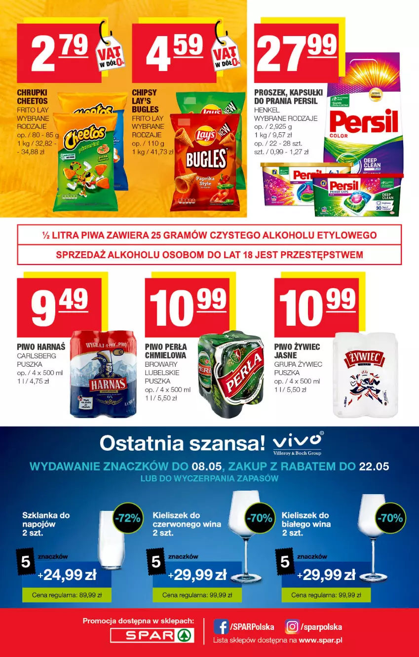 Gazetka promocyjna Spar - Spar - ważna 01.05 do 11.05.2022 - strona 12 - produkty: Carlsberg, Cheetos, Chipsy, Chrupki, Kieliszek, Perła, Persil, Piwo, Szklanka