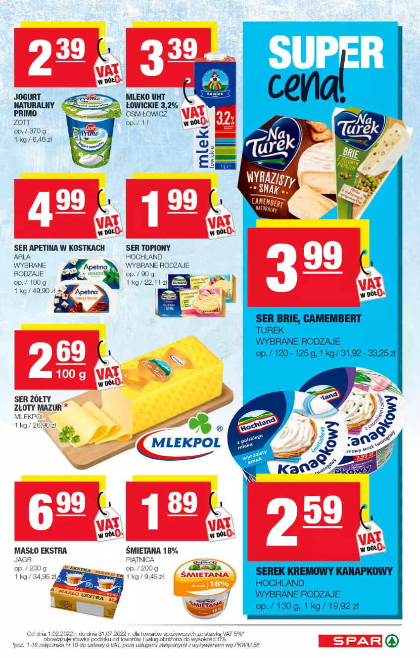 Gazetka promocyjna Spar - Spar - ważna 01.05 do 11.05.2022 - strona 5 - produkty: Hochland, Jagr, Jogurt, Masło, Mleko, Pesto, Piątnica, Ser, Ser topiony, Top, Złoty Mazur, Zott