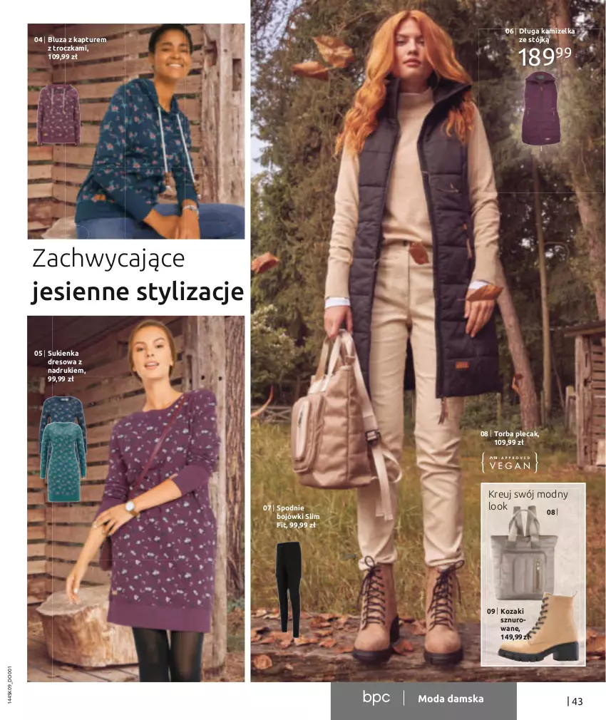 Gazetka promocyjna Bonprix - WOLNE CHWILE W WIELKIM STYLU - ważna 02.11.2021 do 28.02.2022 - strona 45 - produkty: Bluza, Bluza z kapturem, Dres, Kamizelka, Kozaki, Kozaki sznurowane, Plecak, Spodnie, Sukienka, Torba