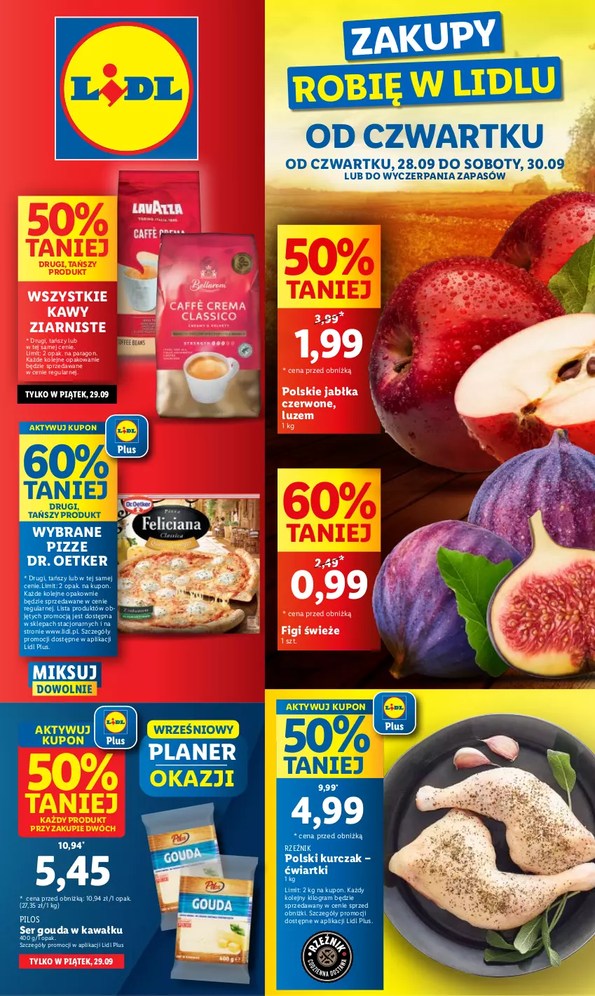 Gazetka promocyjna Lidl - GAZETKA - ważna 28.09 do 30.09.2023 - strona 1 - produkty: Dr. Oetker, Figi, Gouda, Gra, Jabłka, Kawa, Kurczak, Olej, Pilos, Ser