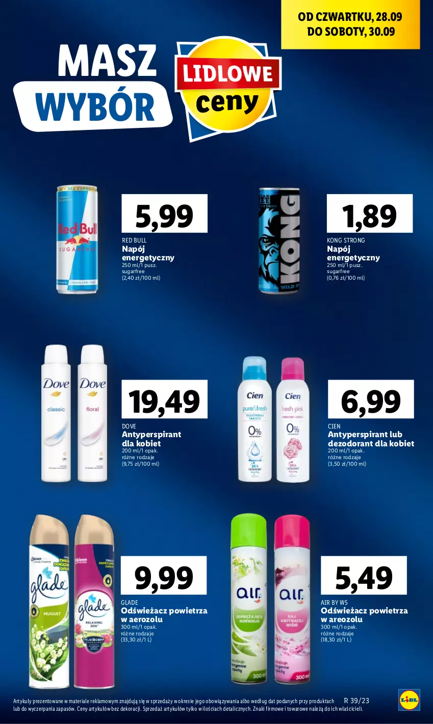 Gazetka promocyjna Lidl - GAZETKA - ważna 28.09 do 30.09.2023 - strona 21 - produkty: Antyperspirant, Dezodorant, Dove, Napój, Napój energetyczny, Odświeżacz powietrza, Red Bull