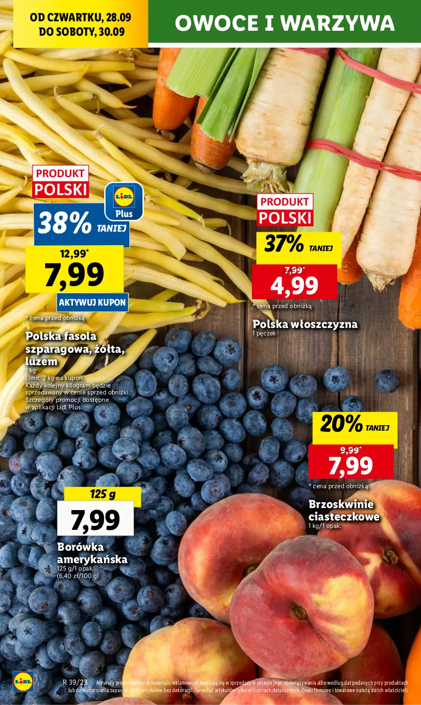 Gazetka promocyjna Lidl - GAZETKA - ważna 28.09 do 30.09.2023 - strona 26 - produkty: Borówka, Borówka amerykańska, Brzoskwinie, Fa, Fasola, Fasola szparagowa, Gra, Olej, Owoce, Warzywa