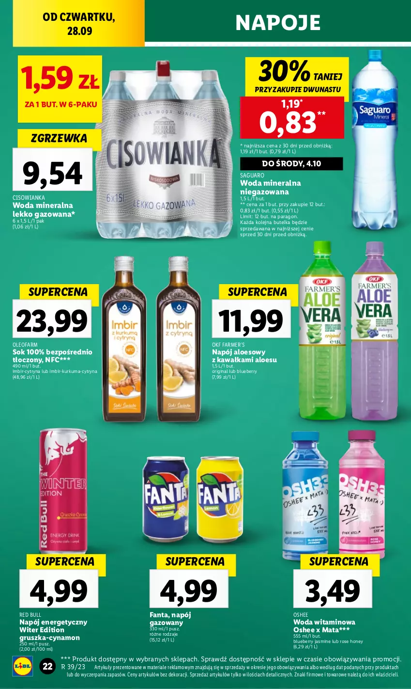 Gazetka promocyjna Lidl - GAZETKA - ważna 28.09 do 30.09.2023 - strona 36 - produkty: Cisowianka, Fa, Fanta, Gin, Imbir, Kawa, Kurkuma, Napój, Napój energetyczny, Napój gazowany, Napoje, Olej, Oleo, Oleofarm, Oshee, Red Bull, Sok, Woda, Woda mineralna