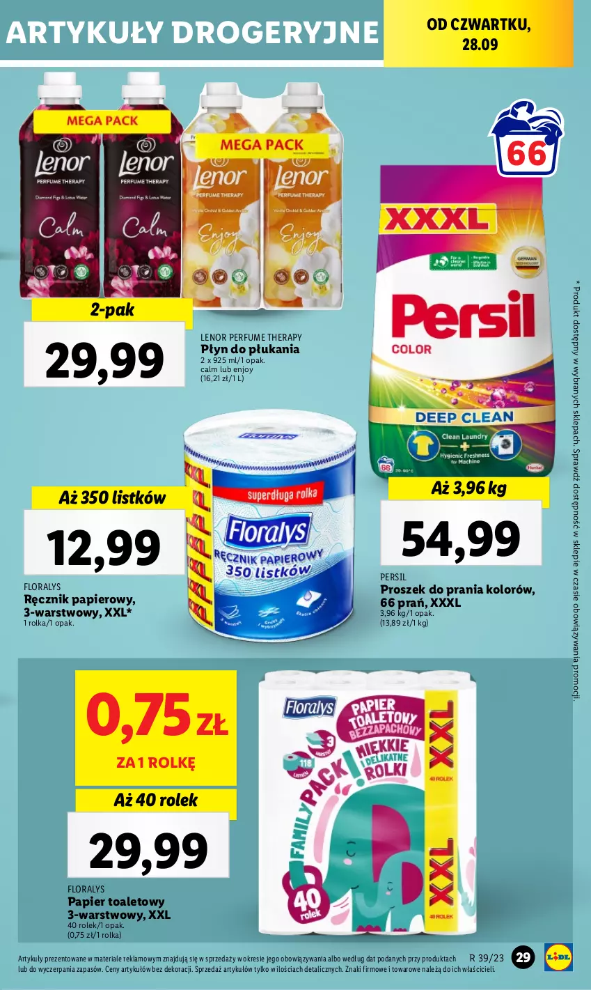 Gazetka promocyjna Lidl - GAZETKA - ważna 28.09 do 30.09.2023 - strona 45 - produkty: Flora, Lenor, Papier, Papier toaletowy, Perfum, Persil, Płyn do płukania, Proszek do prania, Ręcznik