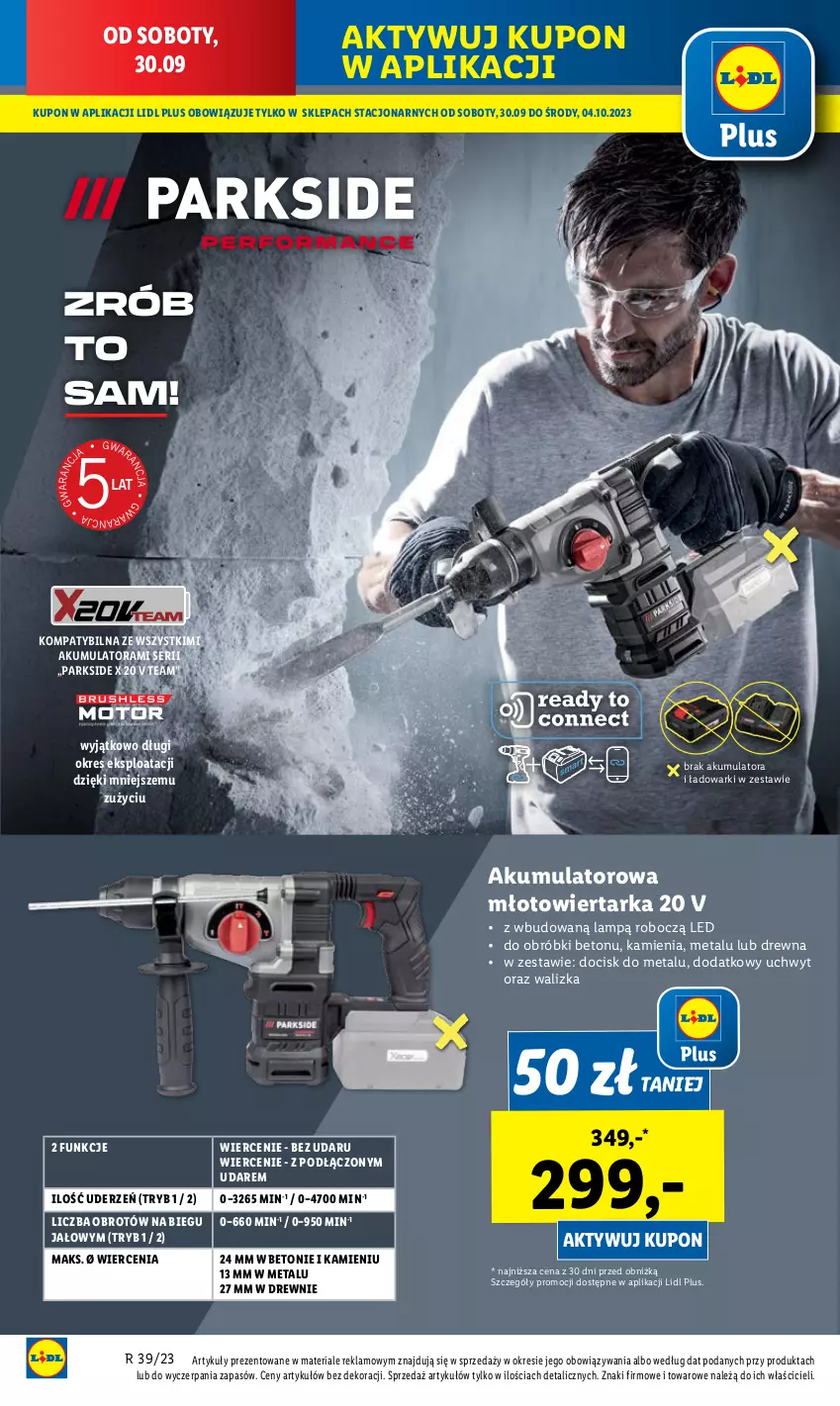 Gazetka promocyjna Lidl - GAZETKA - ważna 28.09 do 30.09.2023 - strona 52 - produkty: Akumulator, Młot, Młotowiertarka, Parkside, Ser, Tarka, Walizka, Wiertarka