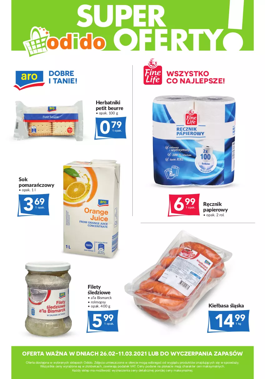 Gazetka promocyjna Odido - Super oferty! - ważna 26.02 do 11.03.2021 - strona 1 - produkty: Herbatniki, Herbatniki Petit Beurre, Kiełbasa, Kiełbasa śląska, Mop, Papier, Ręcznik, Sok, Sok pomarańczowy