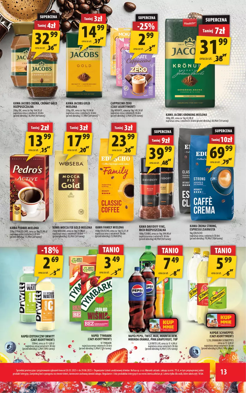 Gazetka promocyjna Arhelan - Gazetka - ważna 23.05 do 01.06.2025 - strona 13 - produkty: 7up, Davidoff, Fa, Gin, Gra, Jacobs, Kawa, Mirinda, Mocca Fix Gold, Napój, Napój izotoniczny, Napoje, Pepsi, Schweppes, Tymbark, Woseba