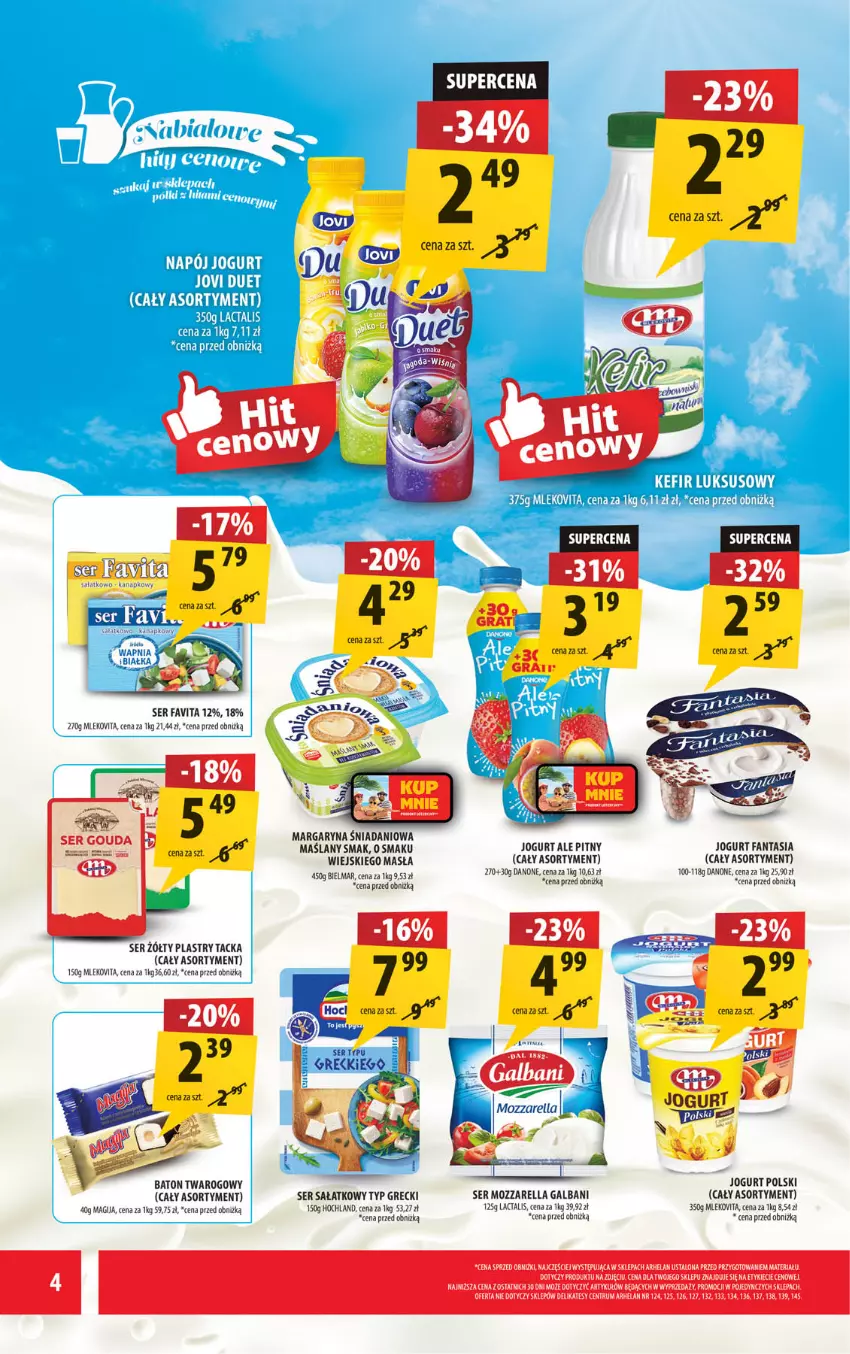Gazetka promocyjna Arhelan - Gazetka - ważna 23.05 do 01.06.2025 - strona 4 - produkty: Baton, Danio, Danone, Fa, Fanta, Favita, Galbani, Gouda, Gra, Hochland, Jogurt, Kefir, Margaryna, Mleko, Mozzarella, Napój, Rum, Sałat, Ser