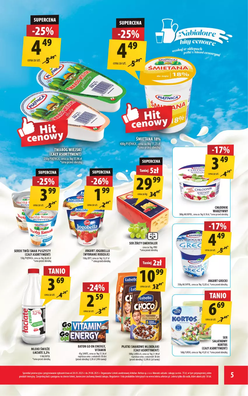 Gazetka promocyjna Arhelan - Gazetka - ważna 23.05 do 01.06.2025 - strona 5 - produkty: Baton, Bell, Bella, Ementaler, Jogobella, Jogurt, Lubella, Mleko, Piątnica, Sałat, Sante, Ser, Serek, Twaróg, Twój Smak, Zott