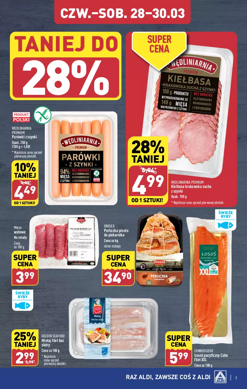 Gazetka promocyjna Aldi - Super ceny na weekend - ważna 28.03 do 30.03.2024 - strona 3 - produkty: Golden Seafood, Kiełbasa, Kiełbasa krakowska, Mięso, Mintaj, Parówki, Parówki z szynki, Perliczka, Piekarnik