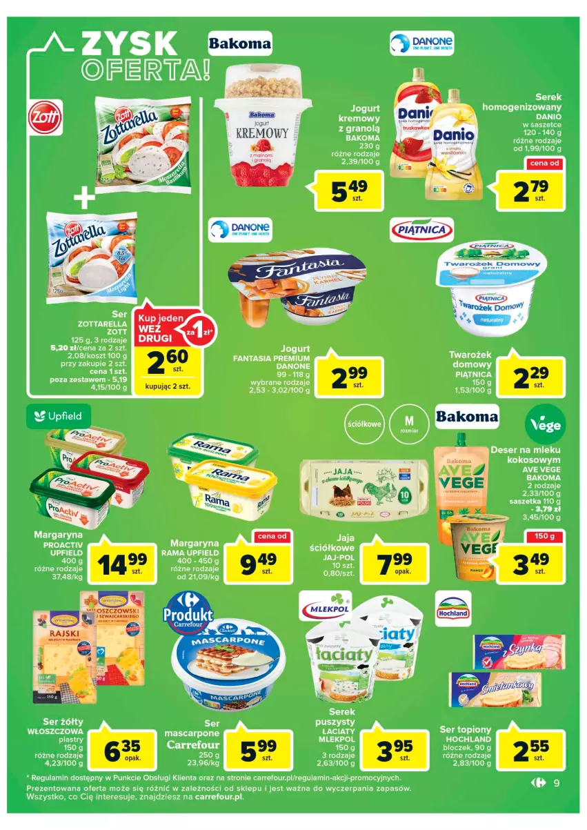 Gazetka promocyjna Carrefour - Gazetka Market Zyskoteka - ważna 18.10 do 22.10.2022 - strona 9 - produkty: Bakoma, Danone, Jaja, Piątnica, Rama, Ser