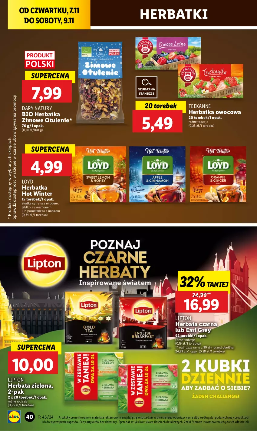 Gazetka promocyjna Lidl - GAZETKA - ważna 07.11 do 09.11.2024 - strona 42 - produkty: Earl Grey, Herbata, Herbata czarna, Imbir, Lipton, Loyd, Teekanne, Torebka