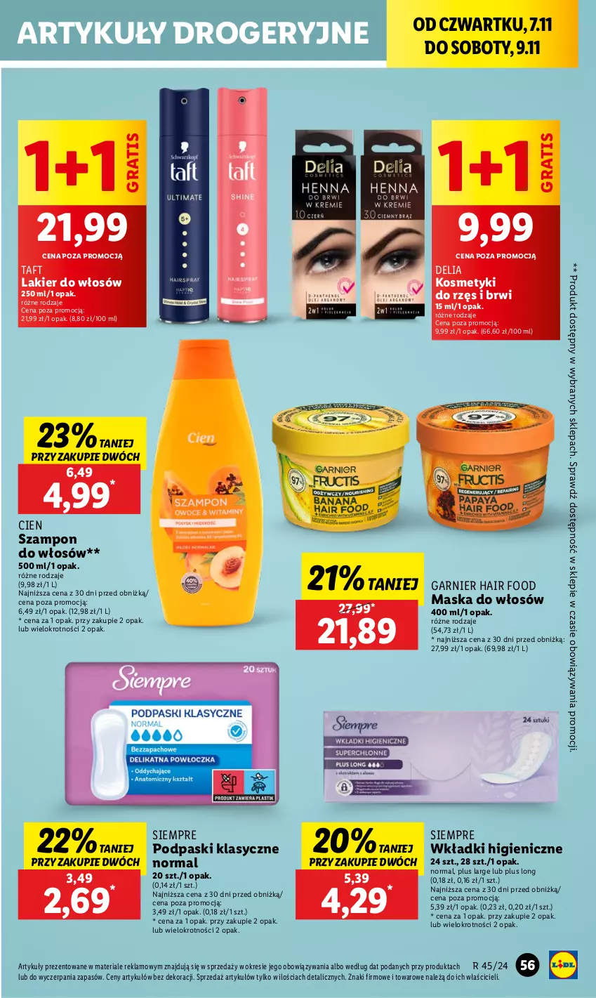 Gazetka promocyjna Lidl - GAZETKA - ważna 07.11 do 09.11.2024 - strona 59 - produkty: Garnier, Gra, Lakier, Lakier do włosów, Maska, Maska do włosów, Podpaski, Szampon, Taft, Wkładki