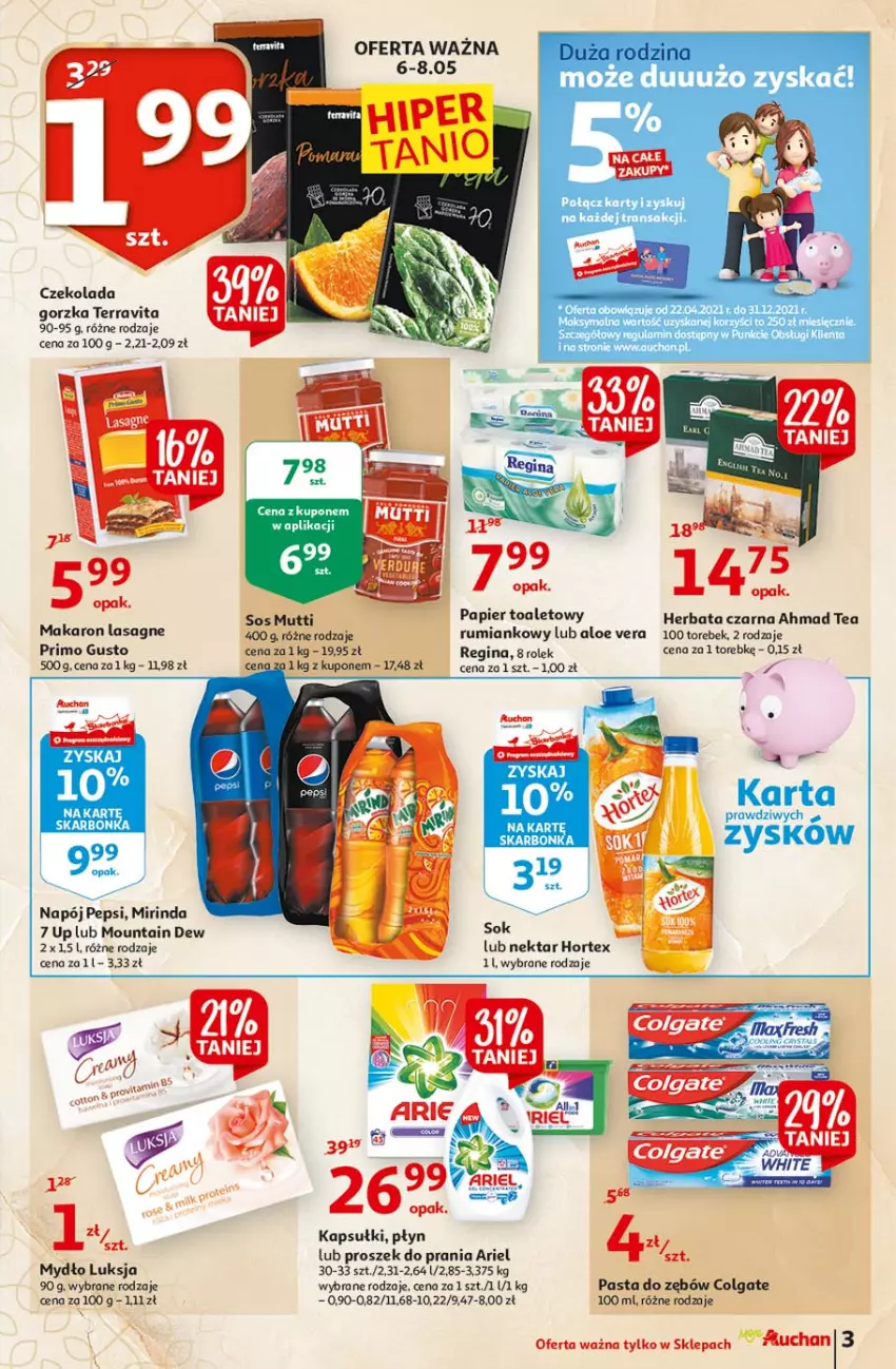 Gazetka promocyjna Auchan - 25 Urodziny #3 Moje Auchan - ważna 06.05 do 13.05.2021 - strona 3 - produkty: Aloe vera, Ariel, Colgate, Czekolada, EPEE, Gin, Gra, Herbata, Herbata czarna, Hortex, Lasagne, LG, Luksja, Makaron, Mirinda, Mydło, Napój, Nektar, Papier, Papier toaletowy, Pasta do zębów, Pepsi, Proszek do prania, Rum, Sos, Tran