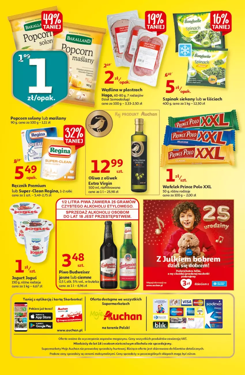 Gazetka promocyjna Auchan - 25 Urodziny #3 Moje Auchan - ważna 06.05 do 13.05.2021 - strona 4 - produkty: Bonduelle, Gin, Jogurt, Oliwa z oliwek, Piwo, Popcorn, Prince Polo, Ręcznik, Rolki, Ser, Szpinak, Tera, Wafelek, Wędlina