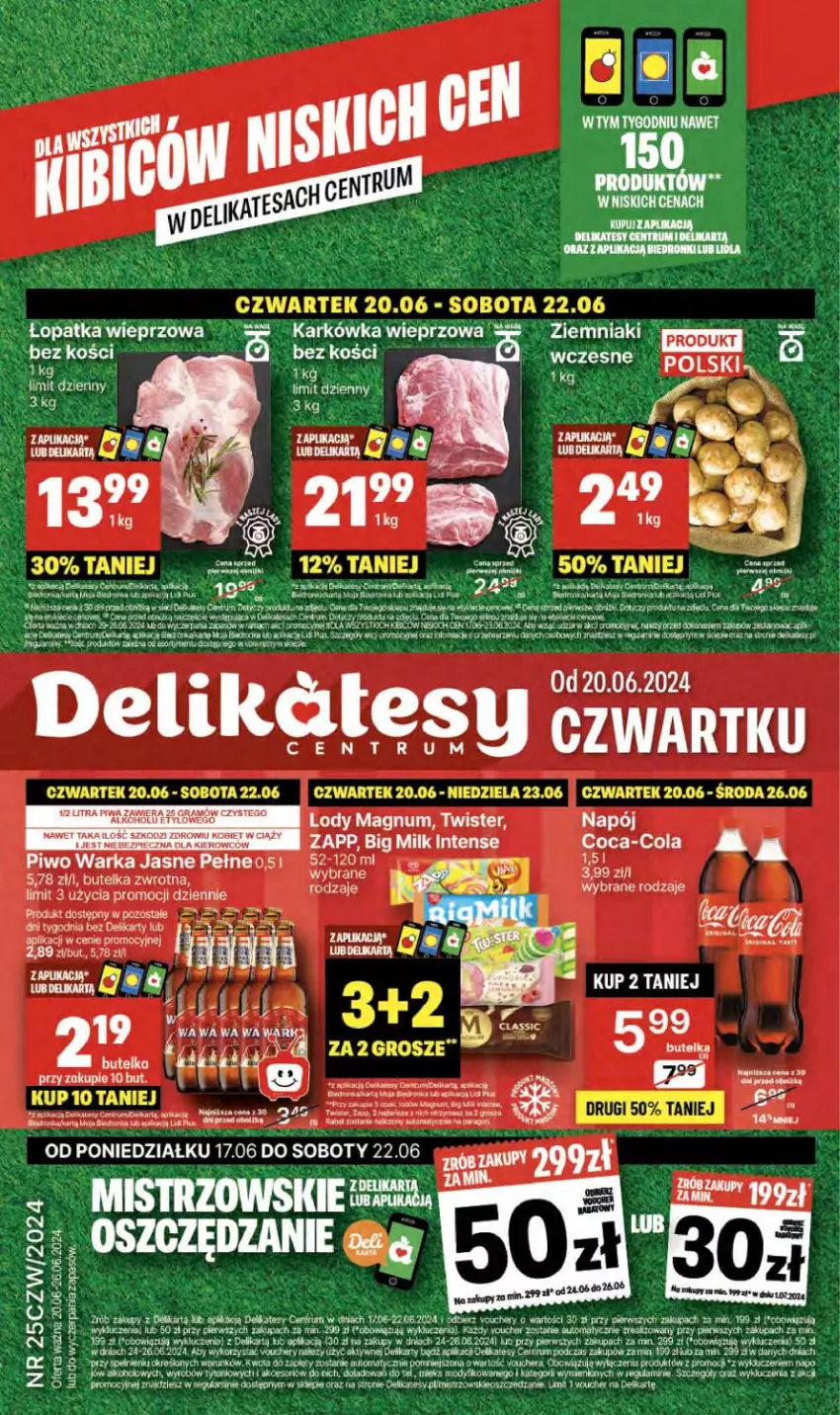 Gazetka promocyjna Delikatesy Centrum - NOWA GAZETKA Delikatesy Centrum od 20 czerwca! 20-26.06.2024 - ważna 20.06 do 26.06.2024 - strona 1 - produkty: AEG, Coca-Cola, Dron, Fa, Gres, Karkówka wieprzowa, LG, Napój, Piec, Piwo, Rum, Warka, Ziemniaki