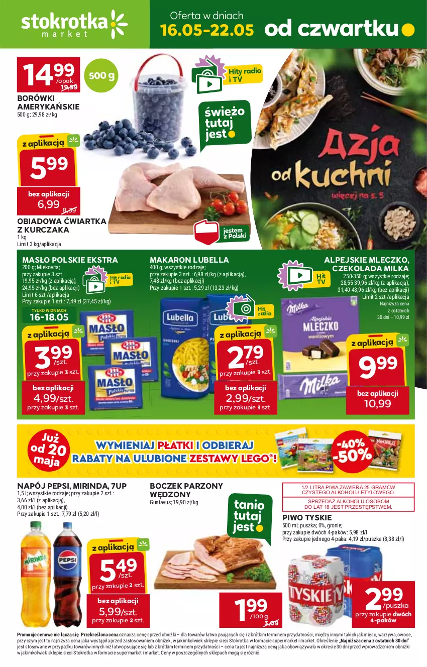 Gazetka promocyjna Stokrotka - Market - ważna 16.05 do 22.05.2024 - strona 1 - produkty: 7up, Bell, Bella, Boczek, Czekolada, Gra, Kurczak, Lubella, Makaron, Masło, Milka, Mirinda, Mleczko, Napój, Pepsi, Piwa, Piwo, Tyskie