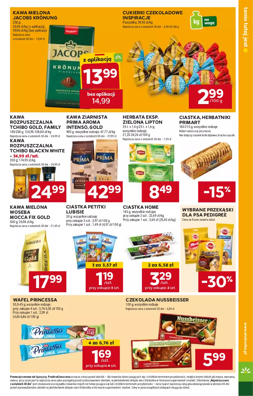 Gazetka promocyjna Stokrotka - Market - ważna 16.05 do 22.05.2024 - strona 13 - produkty: Ciastka, Cukier, Cukierki, Cukierki czekoladowe, Czekolada, Fa, Herbata, Herbatniki, Jacobs, Jacobs Krönung, Kawa, Kawa mielona, Kawa rozpuszczalna, Kawa ziarnista, Lack, Lipton, Lubisie, Mocca Fix Gold, Pedigree, Prima, Princessa, Przekąski dla psa, Ser, Tchibo, Woseba