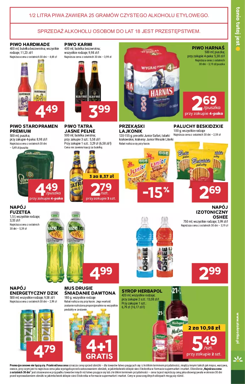 Gazetka promocyjna Stokrotka - Market - ważna 16.05 do 22.05.2024 - strona 16 - produkty: Beskidzki, Dawtona, Fa, Gra, Harnaś, Herbapol, Karmi, Krakersy, Lajkonik, Mięso, Mus, Napój, Napój energetyczny, Napój izotoniczny, Oshee, Owoce, Piwa, Piwo, Por, Precelki, Syrop, Tatra, Warzywa