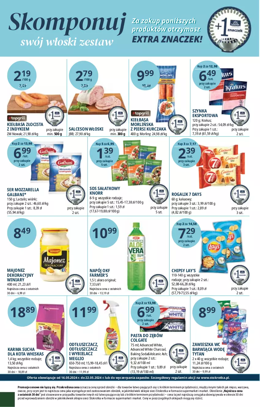 Gazetka promocyjna Stokrotka - Market - ważna 16.05 do 22.05.2024 - strona 17 - produkty: 7 Days, Chipsy, Colgate, Fa, Galbani, Gin, Kakao, Kiełbasa, Knorr, Krakus, Kurczak, Lay’s, LG, Majonez, Mięso, Morliny, Mozzarella, Napój, NOWAK, Odtłuszczacz, Owoce, Pasta do zębów, Por, Rogal, Sałat, Salceson, Ser, Sos, Sport, Szynka, Tytan, Warzywa, Whiskas, Winiary