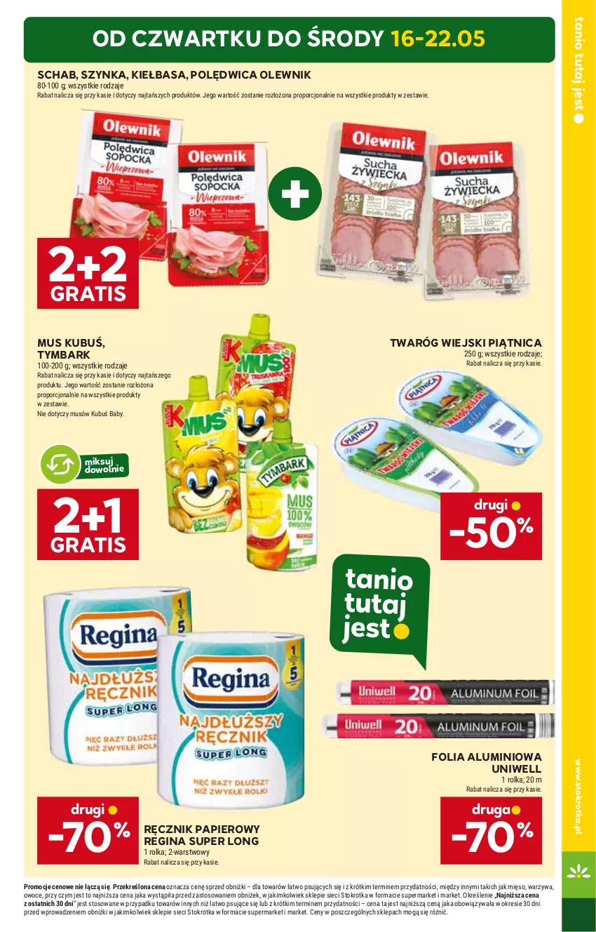 Gazetka promocyjna Stokrotka - Market - ważna 16.05 do 22.05.2024 - strona 3 - produkty: Folia aluminiowa, Gin, Gra, Kiełbasa, Kubuś, Mus, Olewnik, Papier, Piątnica, Polędwica, Ręcznik, Szynka, Twaróg, Tymbark