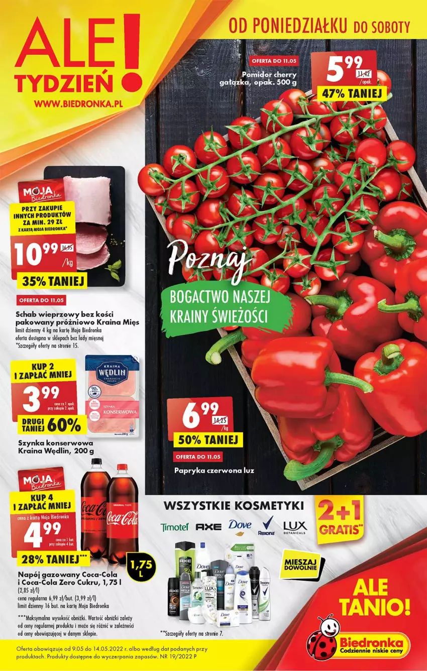 Gazetka promocyjna Biedronka - W tym tygodniu  PN - ważna 09.05 do 14.05.2022 - strona 1 - produkty: Coca-Cola, Dove, Dron, Napój, Napój gazowany, O nas, Papryka, Papryka czerwona, Schab wieprzowy, Ser, Sok, Szynka, Szynka konserwowa