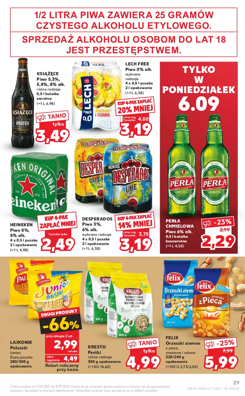 Gazetka promocyjna Kaufland - OFERTA TYGODNIA - ważna 02.09 do 08.09.2021 - strona 29 - produkty: Desperados, Felix, Gra, Heineken, Książęce, Lajkonik, Orzeszki, Orzeszki ziemne, Perła, Piec, Piwa, Piwo