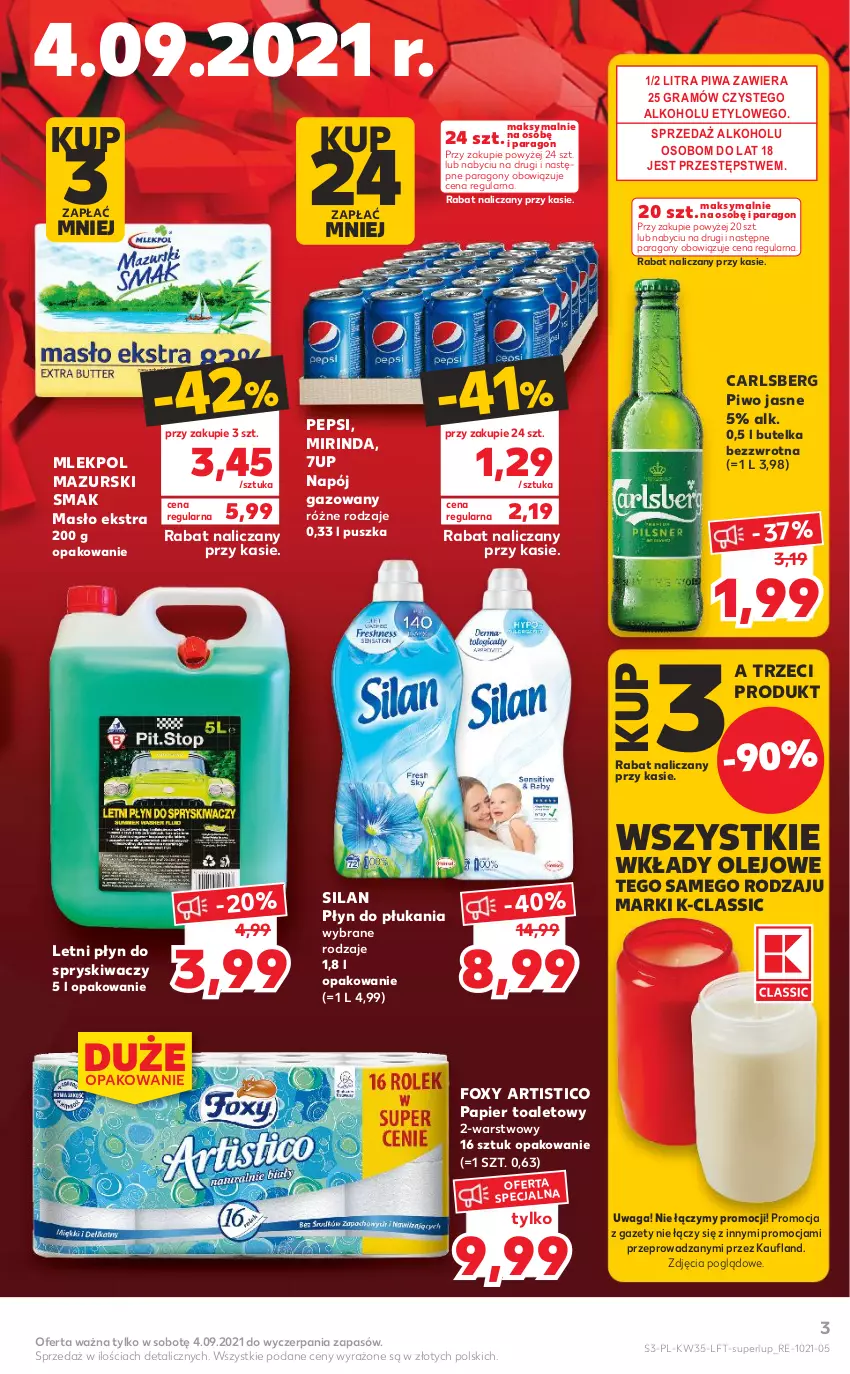 Gazetka promocyjna Kaufland - OFERTA TYGODNIA - ważna 02.09 do 08.09.2021 - strona 3 - produkty: 7up, Carlsberg, Foxy, Gra, Masło, Mirinda, Napój, Napój gazowany, Olej, Papier, Papier toaletowy, Pepsi, Piwa, Piwo, Piwo jasne, Płyn do płukania, Płyn do spryskiwaczy, Silan, Waga