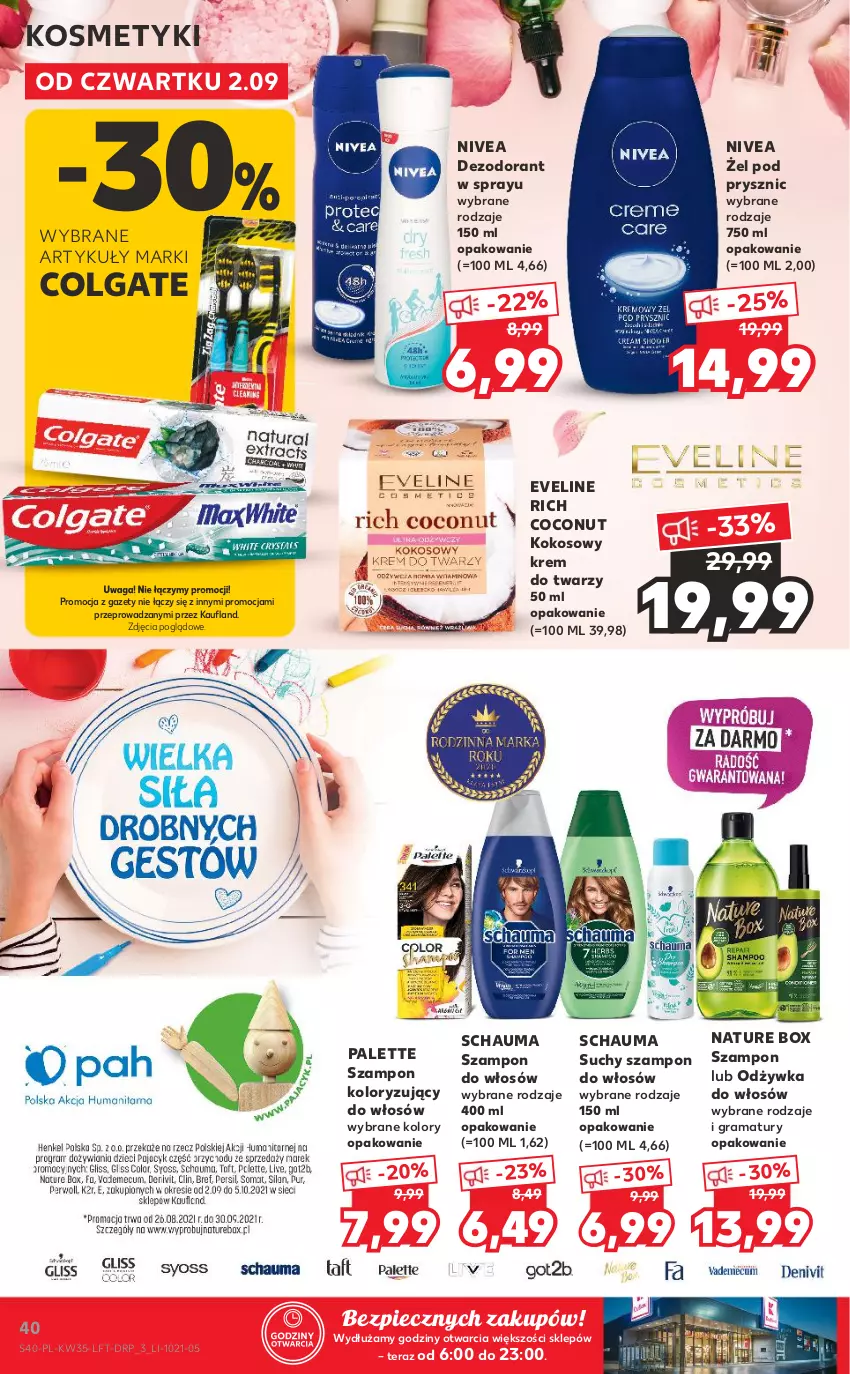 Gazetka promocyjna Kaufland - OFERTA TYGODNIA - ważna 02.09 do 08.09.2021 - strona 40 - produkty: Colgate, Dezodorant, Eveline, Gra, Kokos, Krem do twarzy, LG, Nature Box, Nivea, Odżywka, Palette, Piec, Rama, Schauma, Suchy szampon, Szampon, Tera, Waga