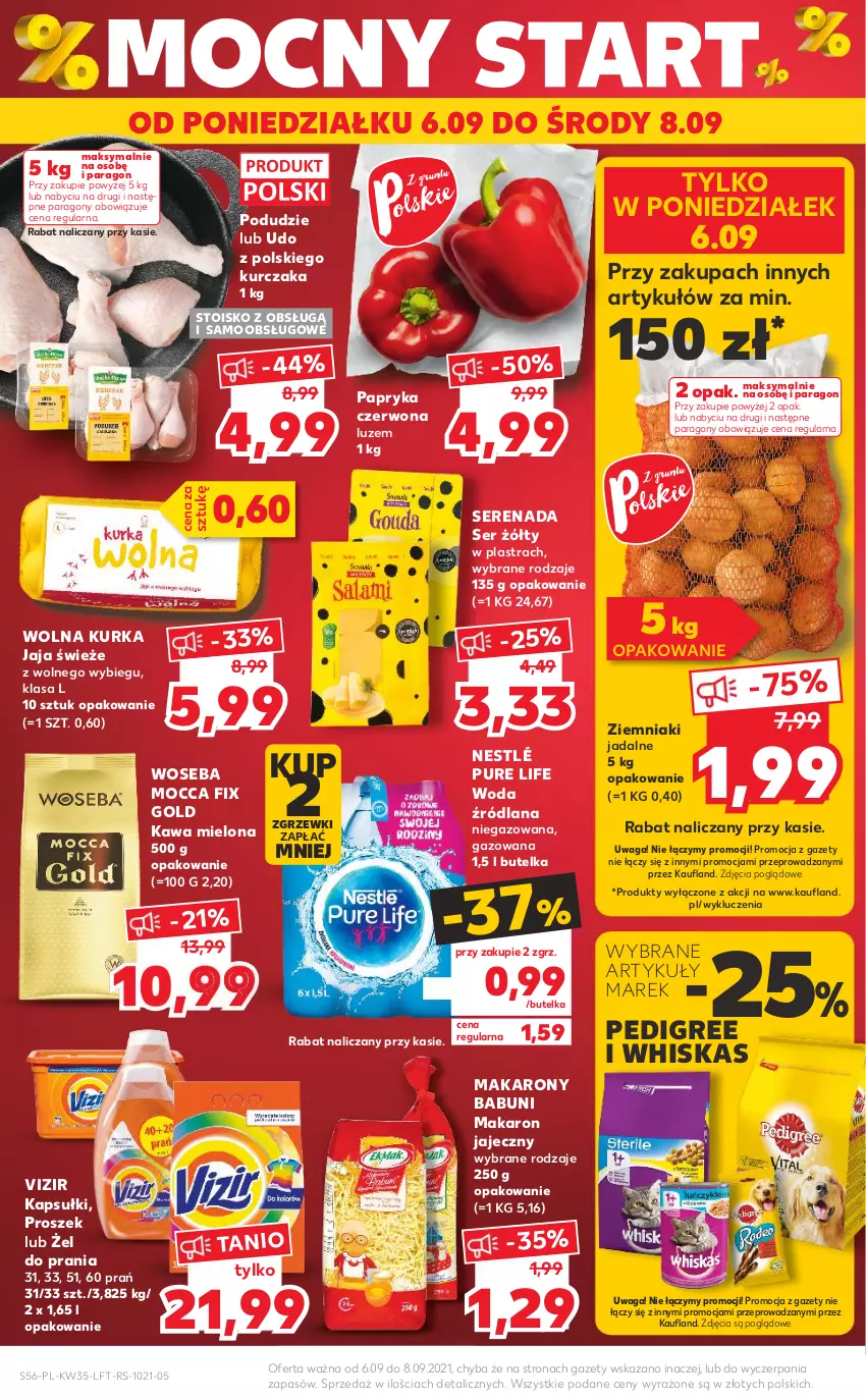 Gazetka promocyjna Kaufland - OFERTA TYGODNIA - ważna 02.09 do 08.09.2021 - strona 56 - produkty: Babuni, Jaja, Kawa, Kawa mielona, Kurczak, LANA, Makaron, Mocca Fix Gold, Nestlé, Papryka, Papryka czerwona, Pedigree, Pur, Ser, Vizir, Waga, Whiskas, Woda, Woseba, Ziemniaki