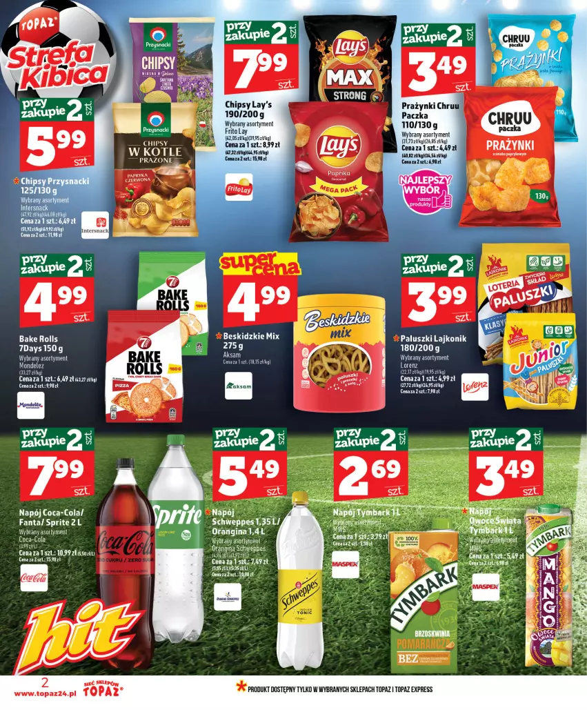Gazetka promocyjna Topaz - Gazetka - ważna 25.06 do 01.07.2026 - strona 2 - produkty: Chipsy, Coca-Cola, Fa, Fanta, Gin, Lajkonik, Lorenz, Napój, Ryż, Schweppes, Sprite, Top