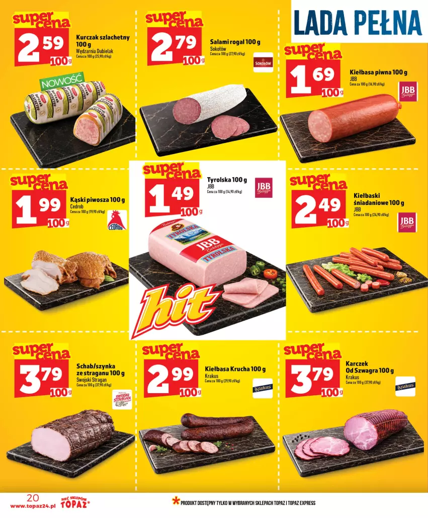 Gazetka promocyjna Topaz - Gazetka - ważna 25.06 do 01.07.2026 - strona 20 - produkty: Danio, Kiełbasa, Kiełbasa krucha, Kiełbasa piwna, Krakus, Kurczak, Piwo, Rogal, Salami, Sok, Sokołów, Szynka, Top