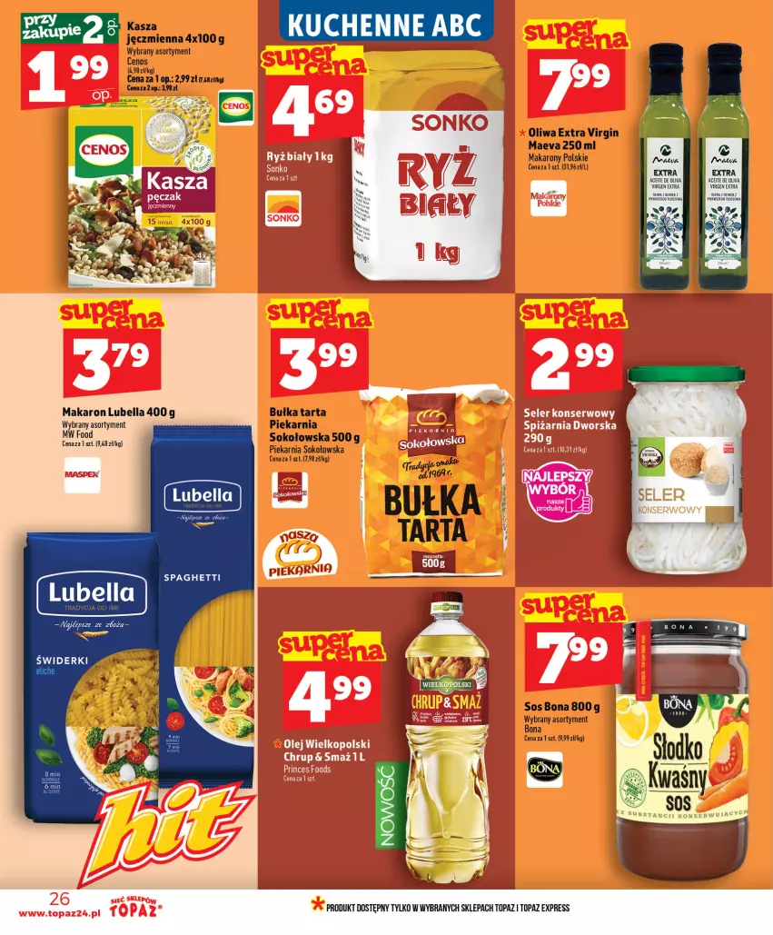 Gazetka promocyjna Topaz - Gazetka - ważna 25.06 do 01.07.2026 - strona 26 - produkty: Bell, Bella, Bułka, Bułka tarta, Cenos, Gin, Lubella, Makaron, Sok, Sos, Spaghetti, Tarta, Top