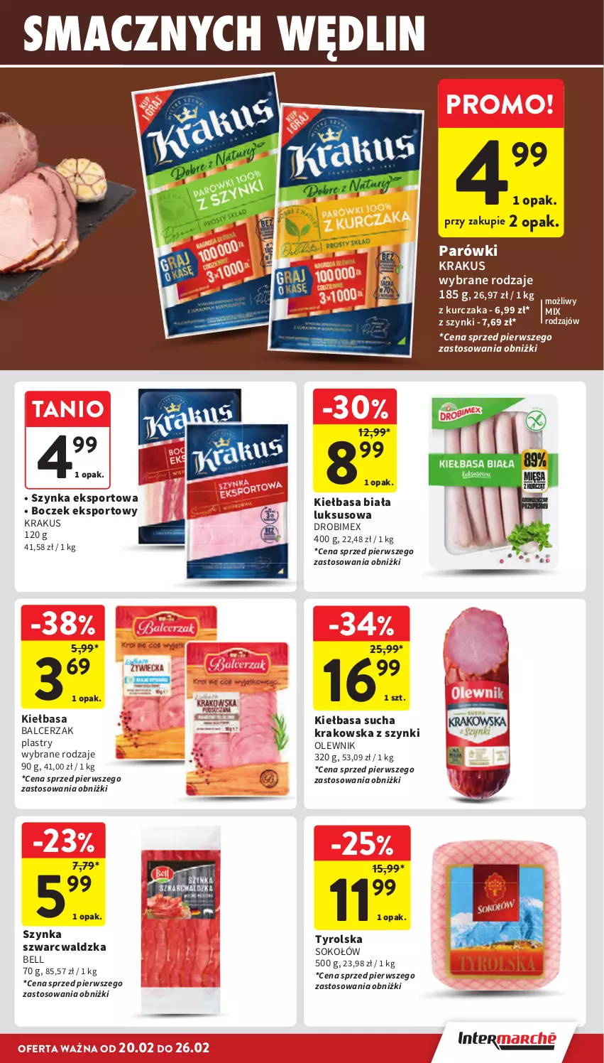 Gazetka promocyjna Intermarche - Gazetka Intermarche - ważna 20.02 do 26.02.2025 - strona 15 - produkty: Bell, Boczek, Drobimex, Kiełbasa, Kiełbasa biała, Krakus, Kurczak, Olewnik, Parówki, Por, Sok, Sokołów, Sport, Szynka