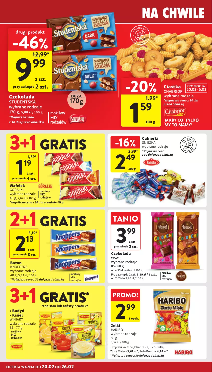 Gazetka promocyjna Intermarche - Gazetka Intermarche - ważna 20.02 do 26.02.2025 - strona 24 - produkty: Baton, Budyń, Chabrior, Ciastka, Cukier, Cukierki, Czekolada, Góralki, Gra, Haribo, Jelly beans, Kisiel, Knoppers, Pico-Balla, Wafelek, Wawel, Winiary