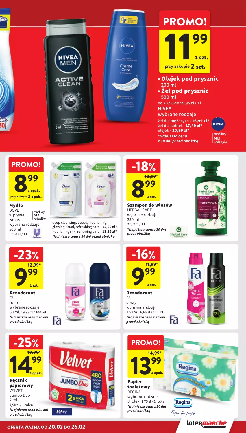 Gazetka promocyjna Intermarche - Gazetka Intermarche - ważna 20.02 do 26.02.2025 - strona 31 - produkty: Dezodorant, Dove, Fa, Gin, Mydło, Nivea, Olej, Olejek pod prysznic, Papier, Papier toaletowy, Ręcznik, Rolki, Szampon, Velvet