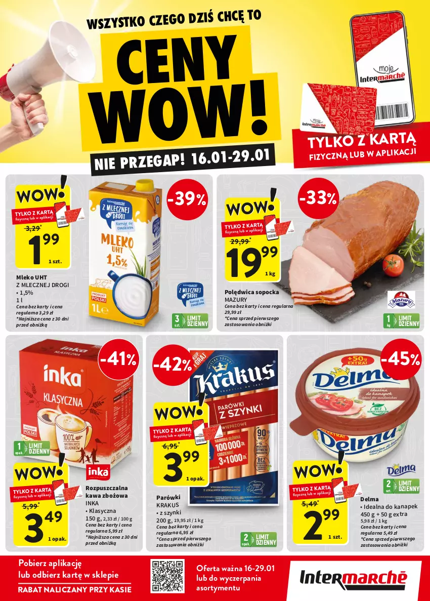 Gazetka promocyjna Intermarche - Gazetka Intermarche - ważna 16.01 do 29.01.2025 - strona 1 - produkty: Delma, Inka, Kawa, Kawa zbożowa, Krakus, Mleko, Parówki, Polędwica